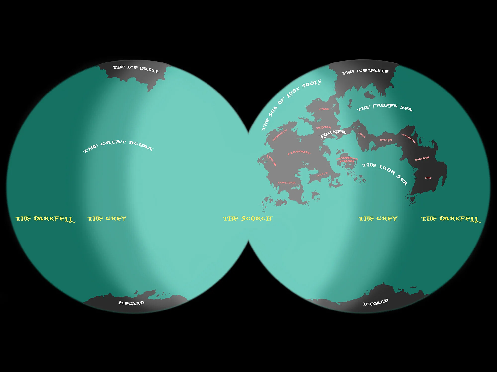 Two-hemisphere globe map of Darkworld