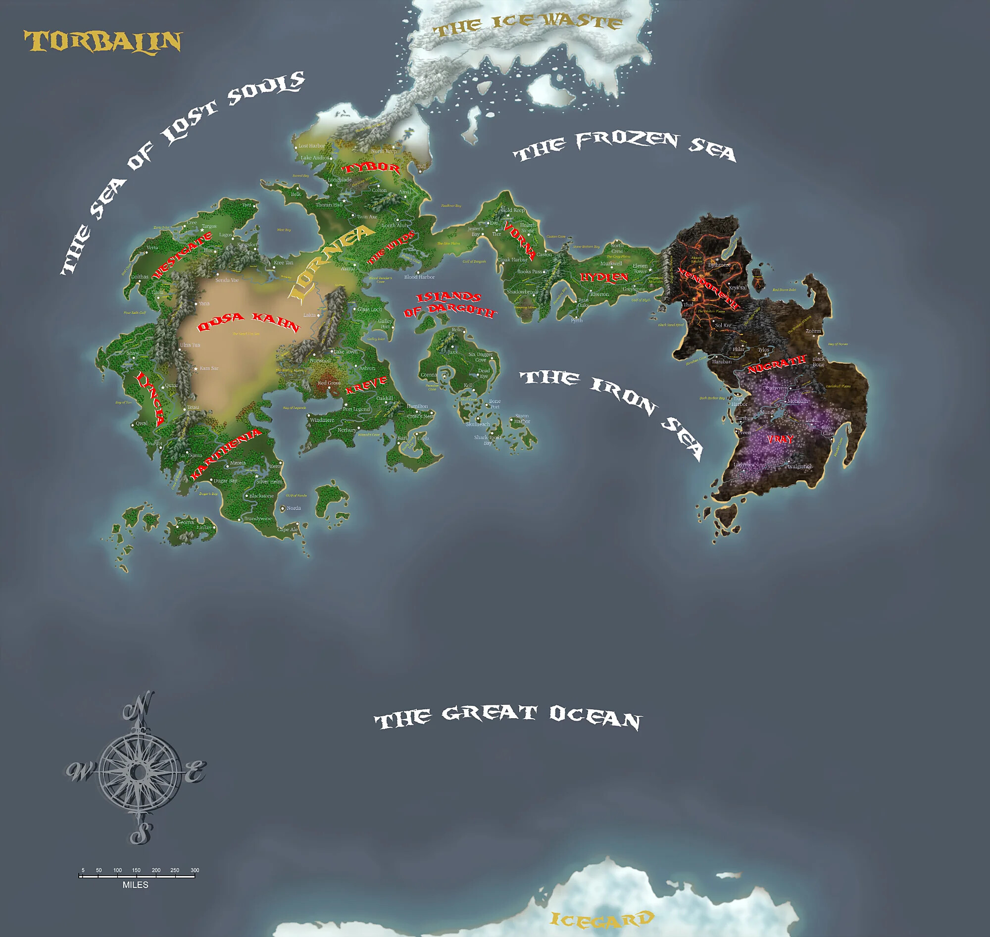 Colored map of Torbalin on Darkworld between the Frozen Sea and the Great Ocean
