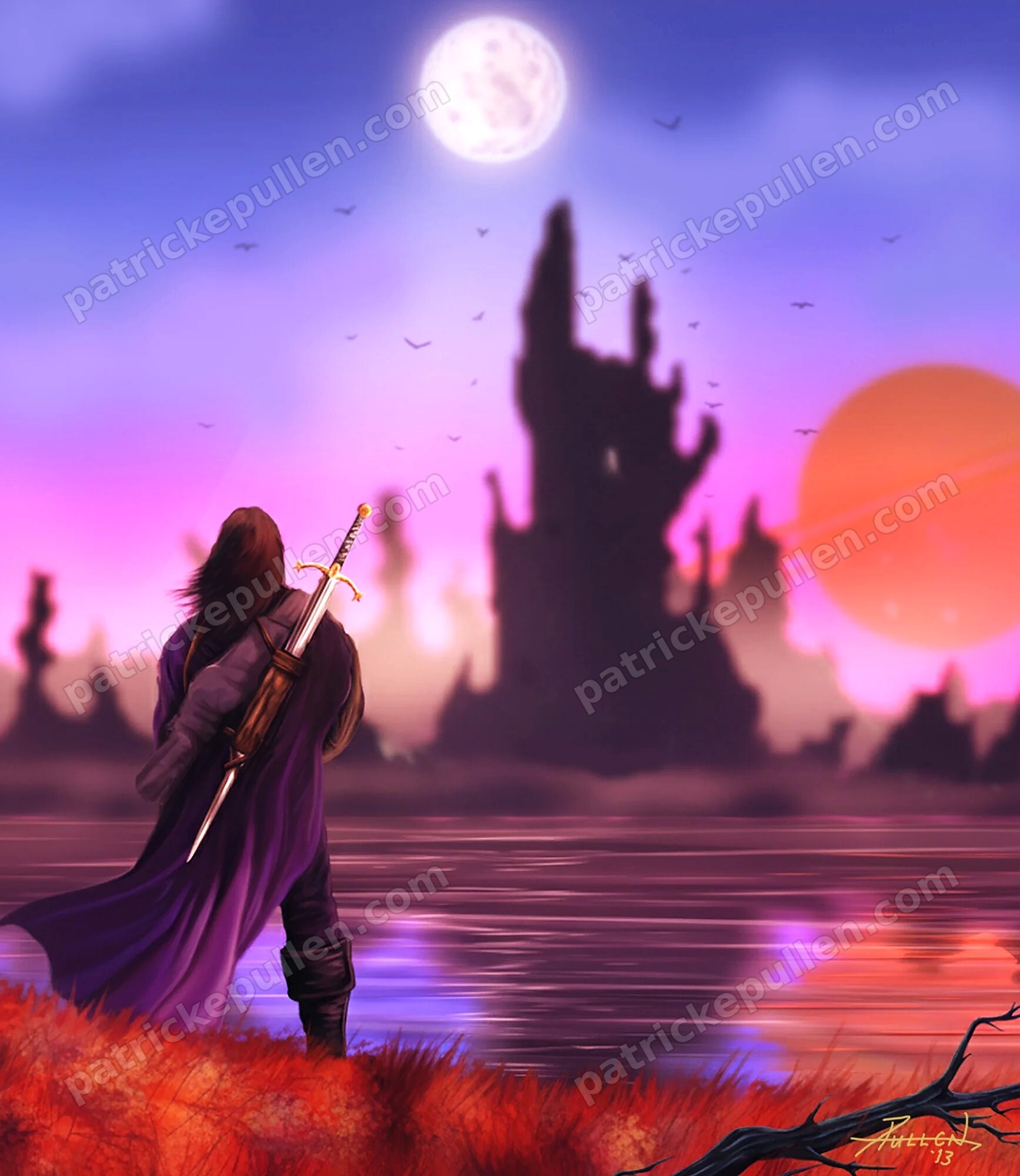 The Crossing: a cloaked swordsman faces a ruined spire across a moonlit lake
