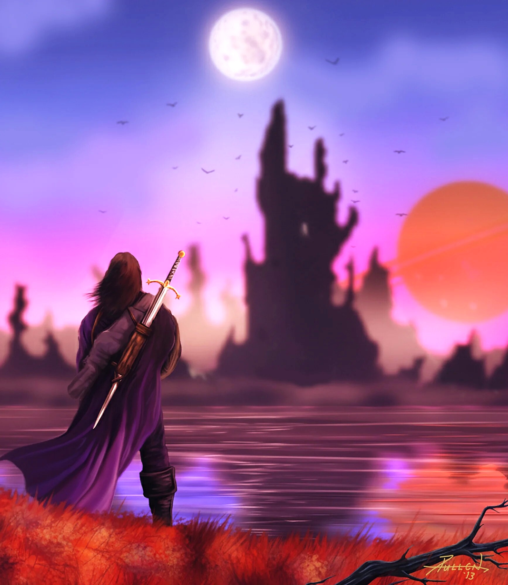 The Crossing: a cloaked swordsman faces a ruined spire across a moonlit lake